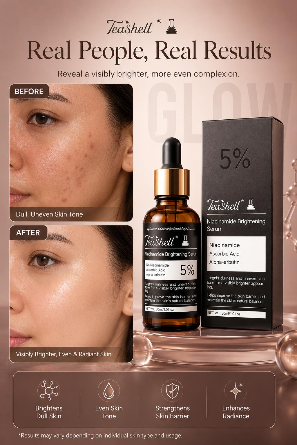 Niacinamide TeaShell 5% Serum | Luxury Brightening & Pore Refining Face Serum for Radiant, Smooth Skin
