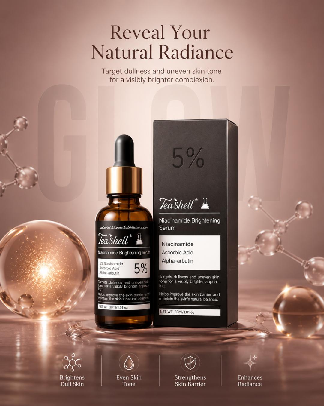 Teashell 5% Niacinamide Brightening Serum in an amber glass dropper bottle next to its black and white box, set against a warm brown background with glowing decorative spheres and text overlays.